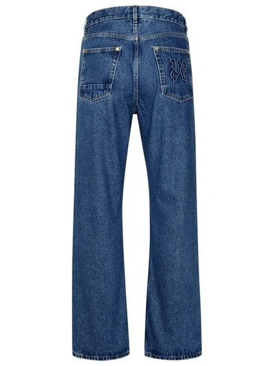 Palm Angels Monogram-embroidered Wide-leg Jeans In Blue