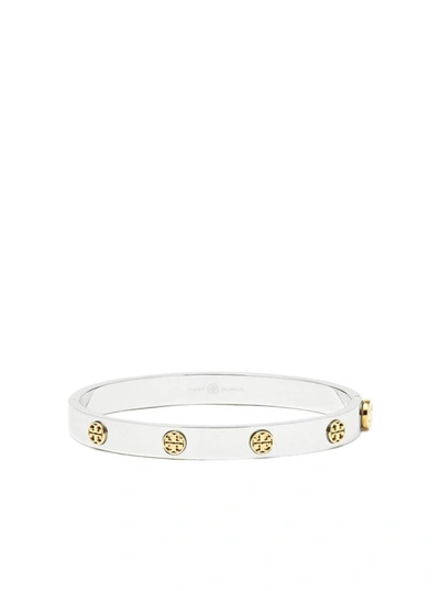 Shop Tory Burch Silver-colored Steel Bracelet With Contrasting Logo In Grey