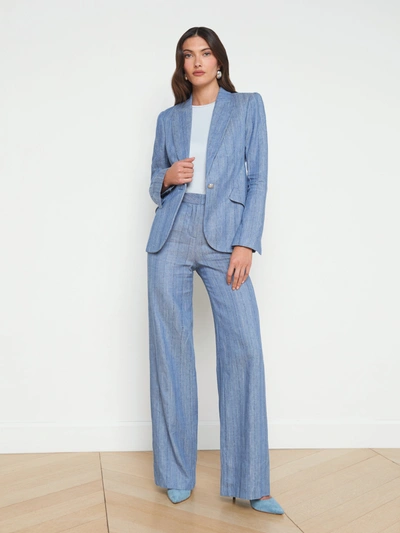 Shop L Agence Chamberlain Linen-blend Blazer In Slate Blue Pinstripe