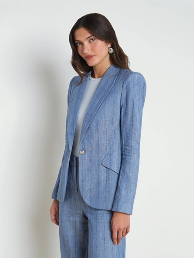 Shop L Agence Chamberlain Linen-blend Blazer In Slate Blue Pinstripe