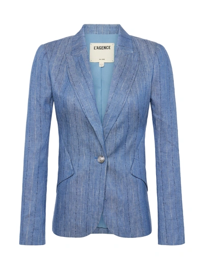 Shop L Agence Chamberlain Linen-blend Blazer In Slate Blue Pinstripe
