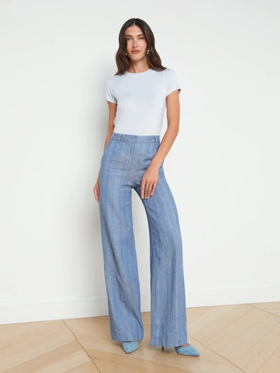 Shop L Agence Livvy Linen-blend Straight Leg Trouser In Slate Blue Pinstripe