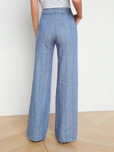 Shop L Agence Livvy Linen-blend Straight Leg Trouser In Slate Blue Pinstripe