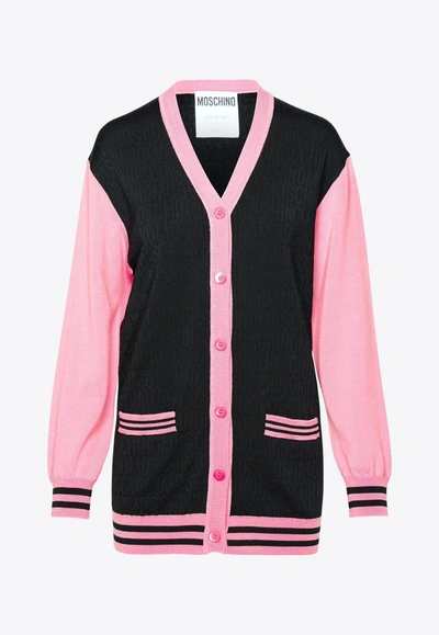 Shop Moschino All-over Logo Wool Cardigan In Multicolor