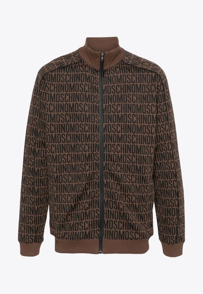 Shop Moschino All-over Logo Zip-up Jacket In Brown