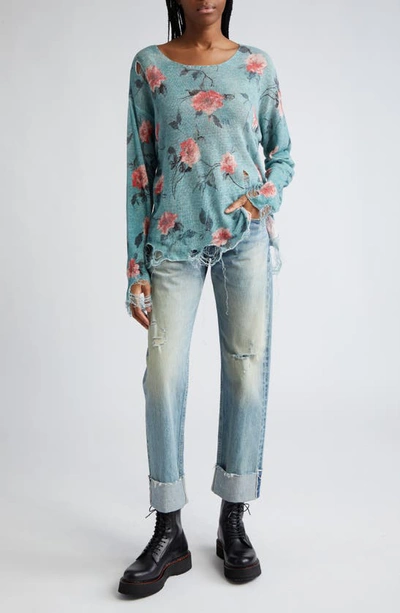 Shop R13 Oversize Distressed Floral Boyfriend Sweater In Blue Floral