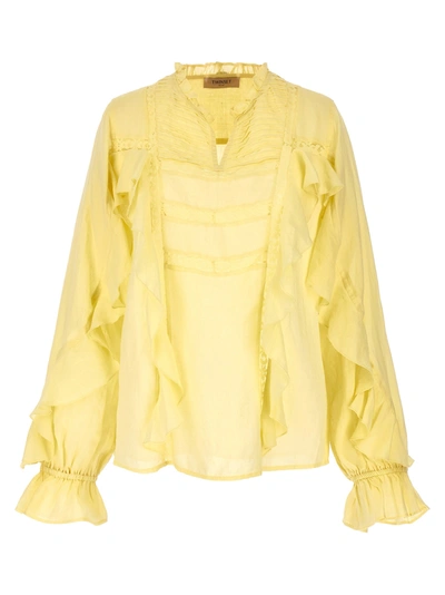 Shop Twinset Embroidery Ruffle Blouse Shirt, Blouse In Yellow