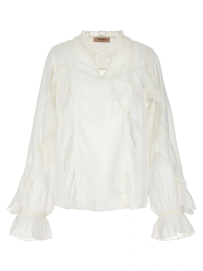 Shop Twinset Embroidery Ruffle Blouse Shirt, Blouse In White