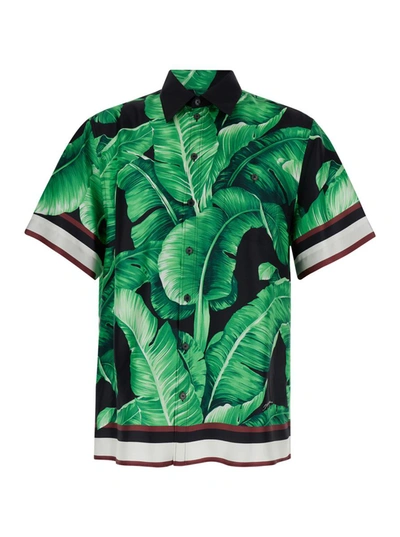 Shop Dolce & Gabbana Black & Green All-over Leaf Print Shirt In Silk Man