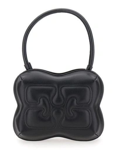 Shop Ganni 'butterfly' Black Handbag With Logo Detail In Leather Woman