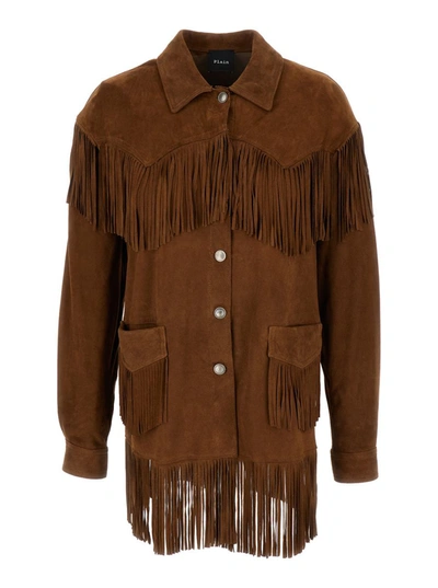 Shop Plain Brown Suede Fringed Shirt In Leather Woman