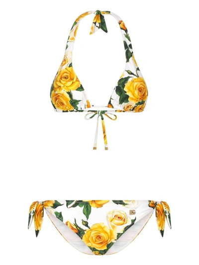 Shop Dolce & Gabbana Flower Print Bikini Set In White
