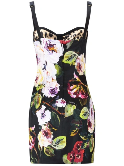 Shop Dolce & Gabbana Mini Multicolor Bustier Dress With Rose Garden Print In Viscose Woman In Red