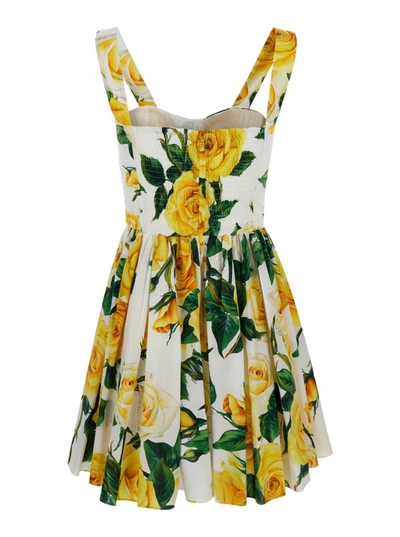 Shop Dolce & Gabbana White All-over Rose Print Short Dress In Cotton Blend Woman In Yellow