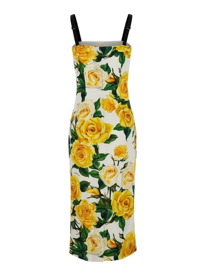 Shop Dolce & Gabbana Yellow Midi Dress With All-over Flower Print In Silk Blend Woman