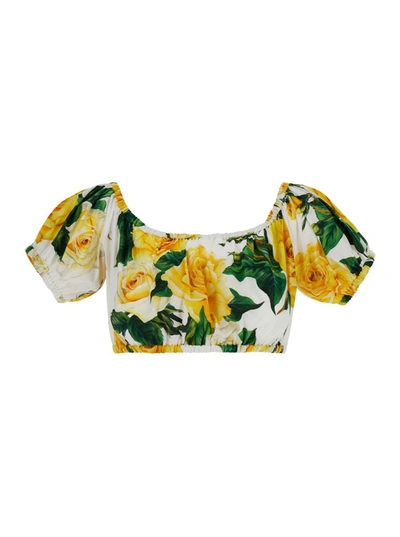 Shop Dolce & Gabbana Yellow Crop Top With All-over Flower Print In Cotton Woman