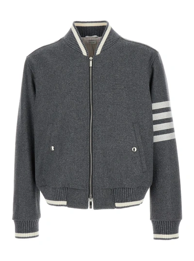 Shop Thom Browne Knit Rib Blouson Jacket In Engineered 4 Bar Melton In Grey