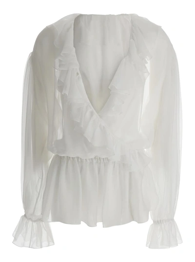 Shop Dolce & Gabbana White Cropped Blouse With Ruffles Trim In Silk Woman