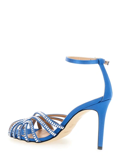 Shop Semicouture Light Blue Sandals With Baguette Rhinestones In Satin Woman
