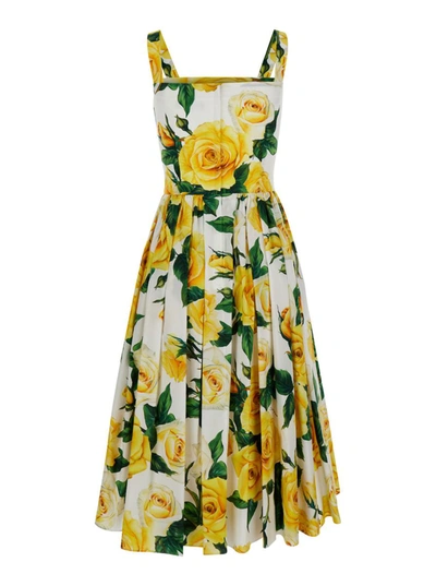 Shop Dolce & Gabbana Yellow Midi Dress With All-over Rose Print In Cotton Woman
