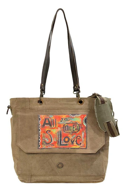 Shop Vintage Addiction All You Need Is Love Tote Bag In Olive/ Khaki