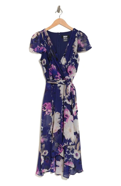 Shop Dkny Floral Flutter Sleeve Faux Wrap Midi Dress In Blueprint/ Rasberry Multi
