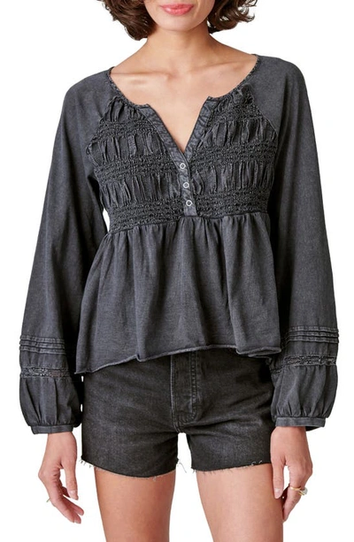 Shop Lucky Brand Textured Babydoll Blouse In Washed Black