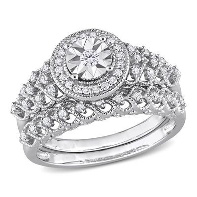Mimi & Max 1/3ct Tdw Diamond Halo Bridal Ring Set In Sterling Silver In White