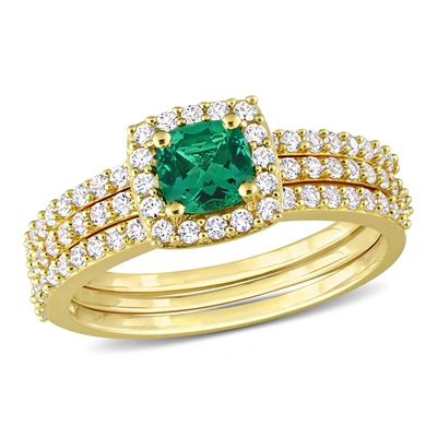 Shop Mimi & Max 1 1/2ct Tgw Created Emerald And Created White Sapphire Bridal Three-ring Set In Yellow Silver In Green