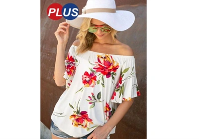 E. Luna Off Shoulder Floral Print Ruffle Top In White In White