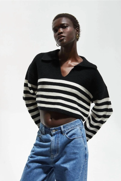 Shop Crescent Corbin Striped Polo Cropped Sweater In Black And Cream In Multi