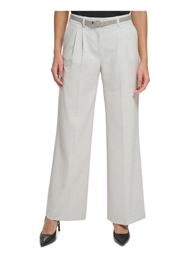 Shop Calvin Klein Petites Womens Window Pane Pattern Belted Trouser Pants In Grey
