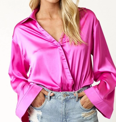 Blue Blush Satin Surplice Bodysuit In Magenta In Pink