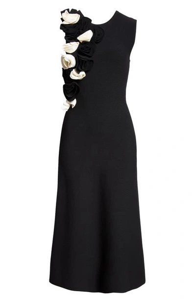 Shop Lela Rose Floral Ruffle Sleeveless Knit Midi Dress In Black