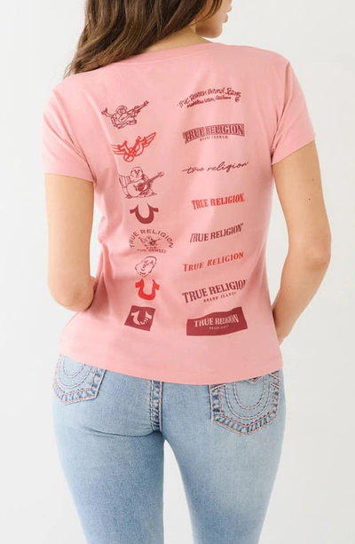 True Religion Brand Jeans Multi Logo V-neck T-shirt In Coral Almond