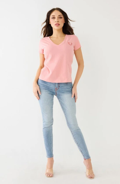 True Religion Brand Jeans Multi Logo V-neck T-shirt In Coral Almond