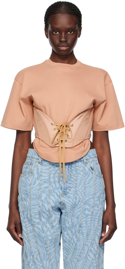 Shop Mugler Tan Lace-up T-shirt In B299 Tan/tan