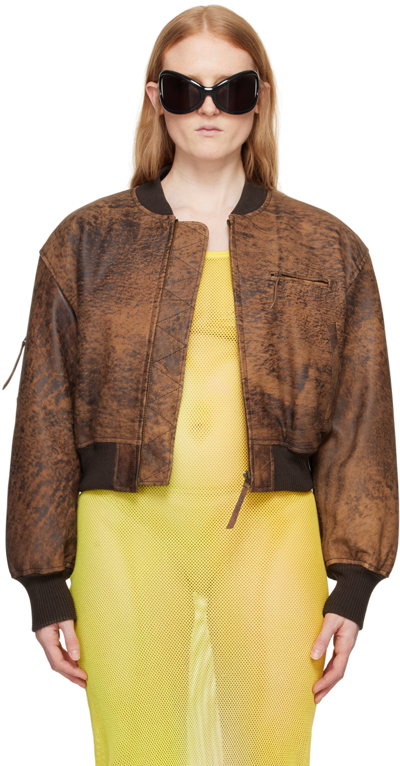 Shop Acne Studios Brown Cropped Leather Bomber Jacket In 700 Brown