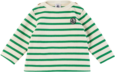 Shop Petit Bateau Baby Green & Off-white Mariniere Long Sleeve T-shirt In 01 Avalanche/prado