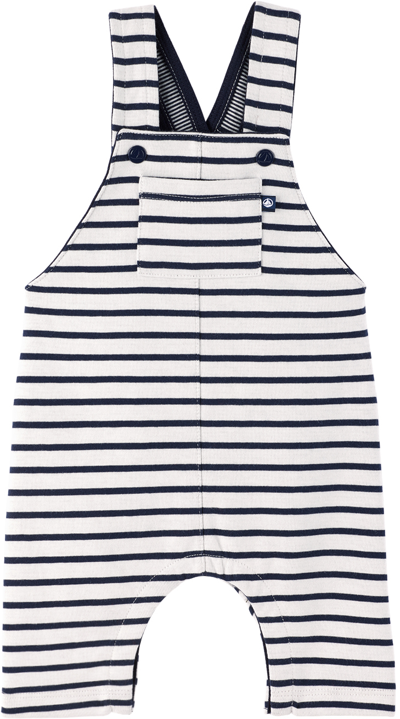 Shop Petit Bateau Baby White & Navy Striped Overalls In 01 Marshmallow/smoke