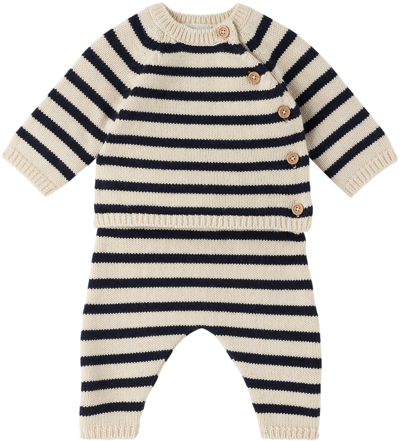 Shop Petit Bateau Baby Beige & Navy Sweater & Lounge Pants Set In 01 Avalanche/smoking