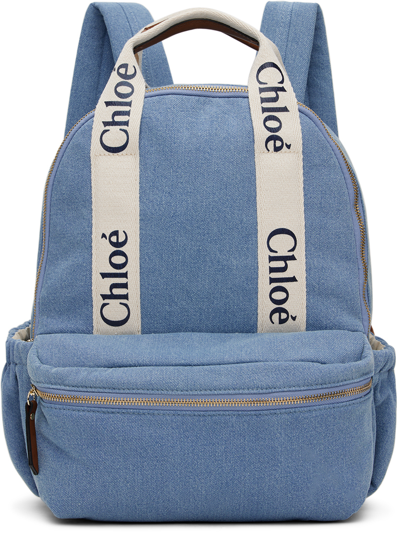 Shop Chloé Kids Blue Printed Denim Backpack In Z10 Denim Blue