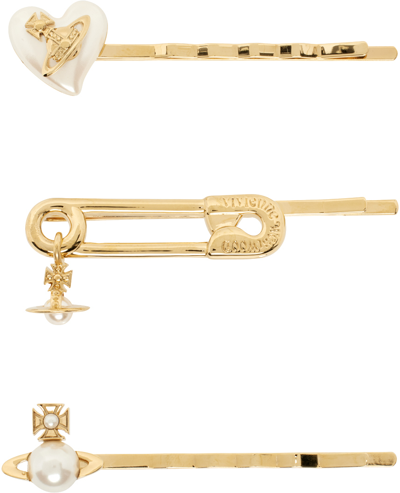 Shop Vivienne Westwood Gold Tilda Hair Pin Set In R107 Gold/creamrose