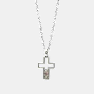 Pre-owned Chopard 18k White Gold Diamond And Sapphire Happy Diamond Cross Pendant Necklace
