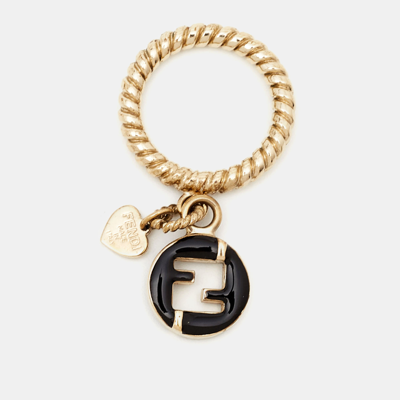 Pre-owned Fendi Ff Black Enamel Charm Gold Tone Ring Size 56