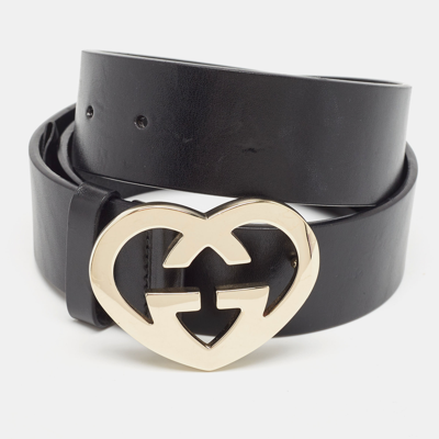 Pre-owned Gucci Black Leather Gg Heart Buckle Belt 85cm