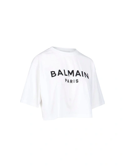 Shop Balmain Logo Cropped Cotton T-shirt In White