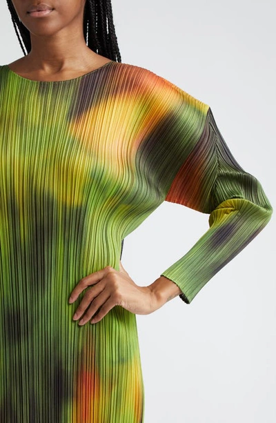 Shop Issey Miyake Pleats Please  Abstract Print Pleated Long Sleeve Dress In Spinach