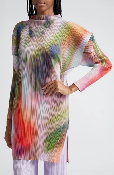 Shop Issey Miyake Abstract Print Pleated Long Sleeve Dress In Turnip