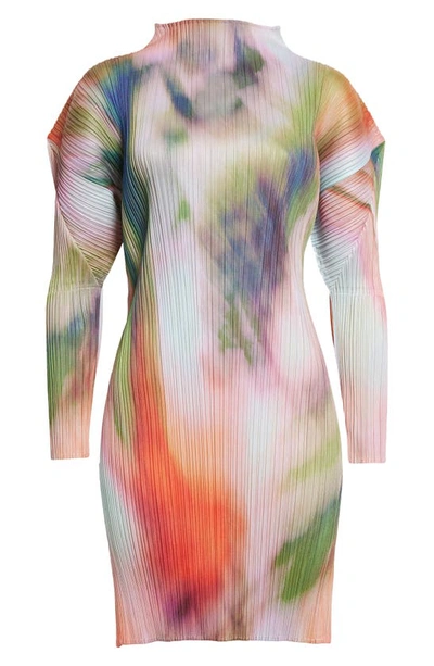 Shop Issey Miyake Abstract Print Pleated Long Sleeve Dress In Turnip